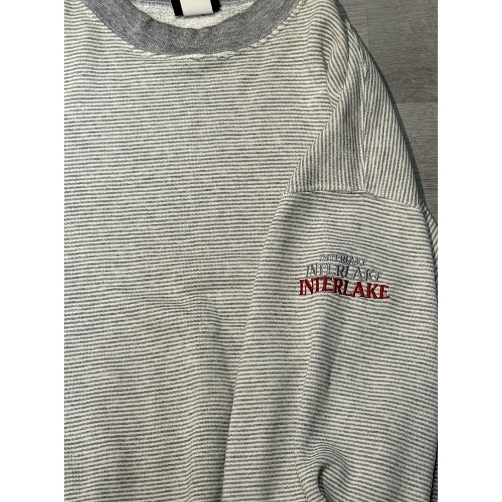 Vintage Travaux Crewneck Sweatshirt Mens Large Gray Striped "Interlake" Logo - Picture 10 of 13